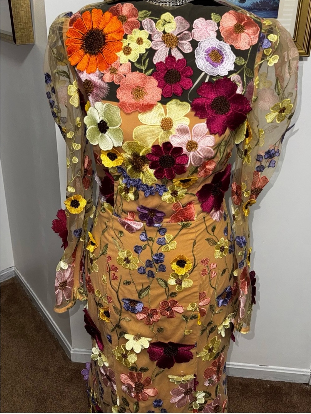 Floral Appliqué Sheer Long-Sleeve Midi Dress - Multi - Picture 7 of 11